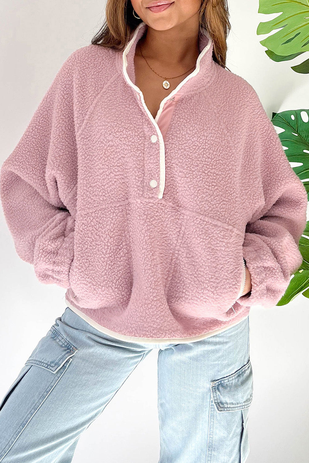 Fushia High Collar Long Sleeve Pullover Sweatshirt