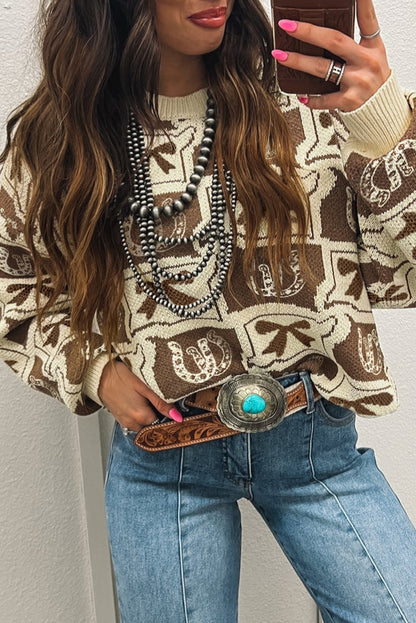 Brown Bows & Horseshoes Pattern Western Fashion Print Sweater