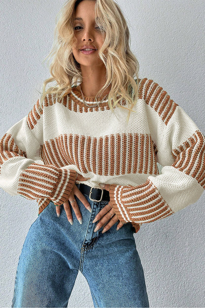Light Blue Two Tone Striped Patchwork Drop Shoulder Sweater