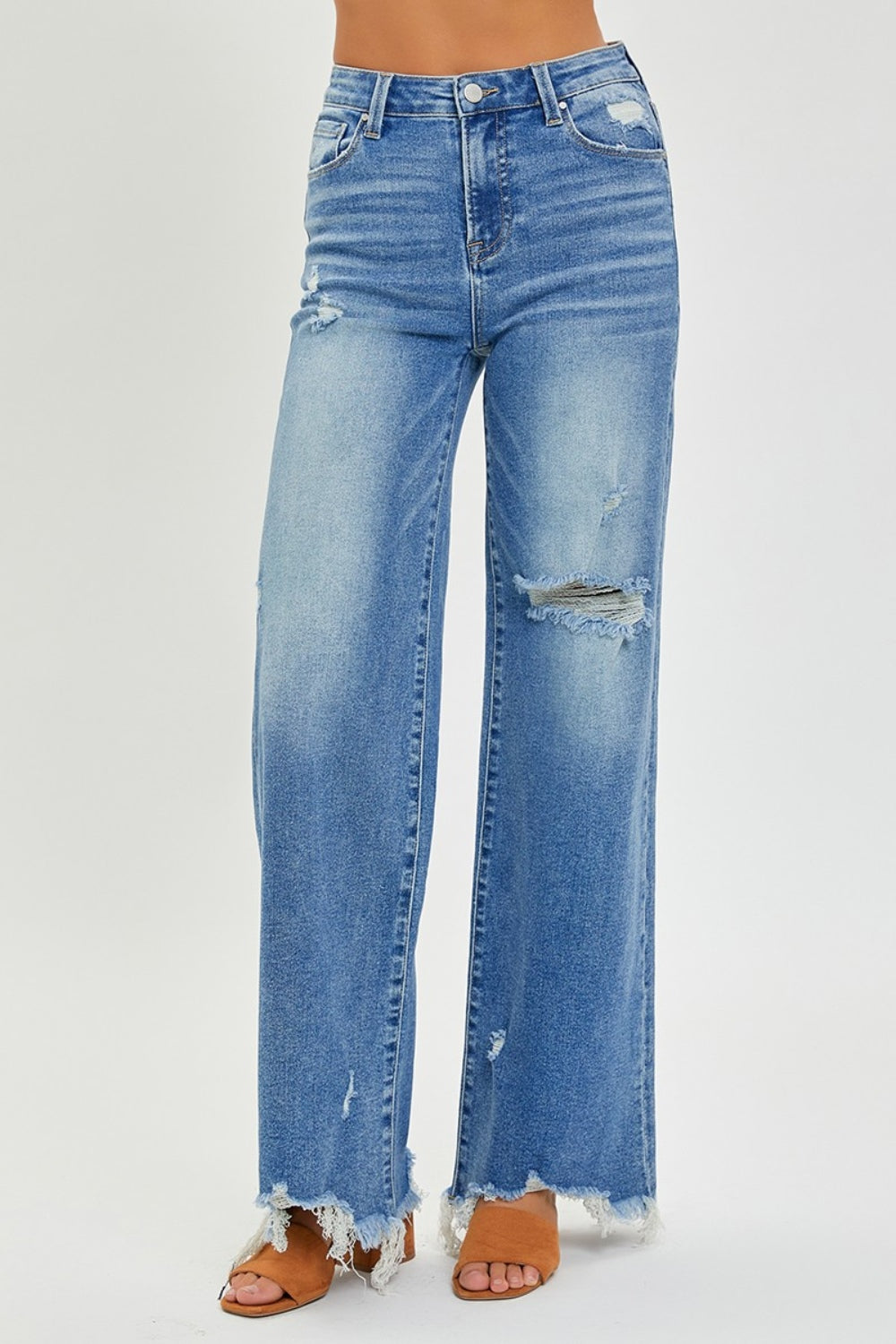 Full Size High Rise Frayed Hem Wide Leg Jeans