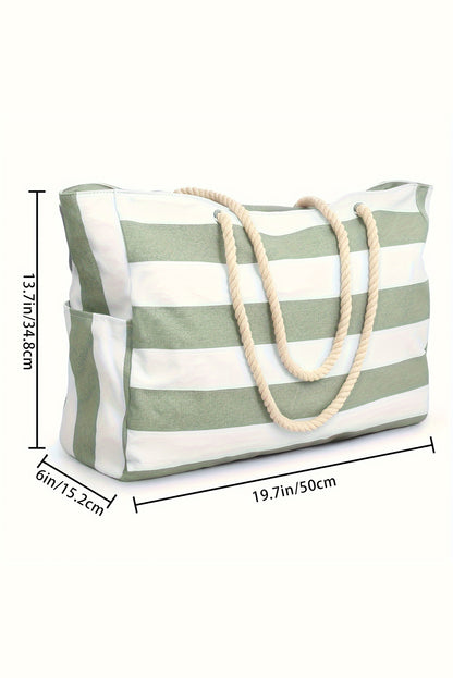 Bolso Tote Grande De Lona Con Asa De Cuerda A Rayas Verde Hierba