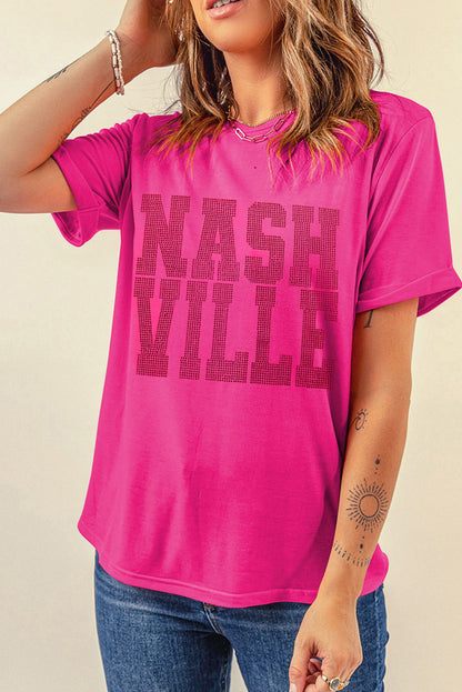 Camiseta con cuello redondo y gráfico NASHVILLE con diamantes de imitación en rojo rosa