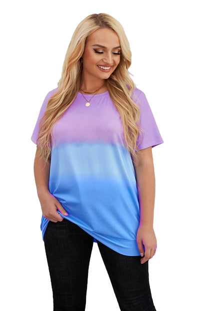 Camiseta informal de talla grande con bloques de color teñido anudado y cuello redondo morado