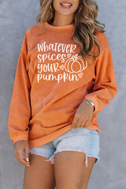 Orange Pumpkin Letter Print Oversized Crinkle Rib Sweatshirt