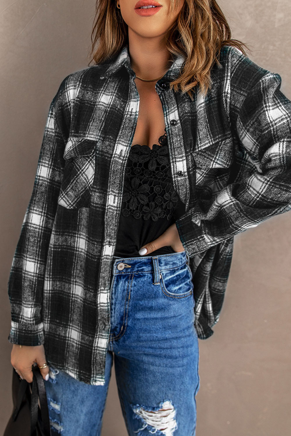 Button Up Collared Flannel Shirt Shacket with Flap Pockets