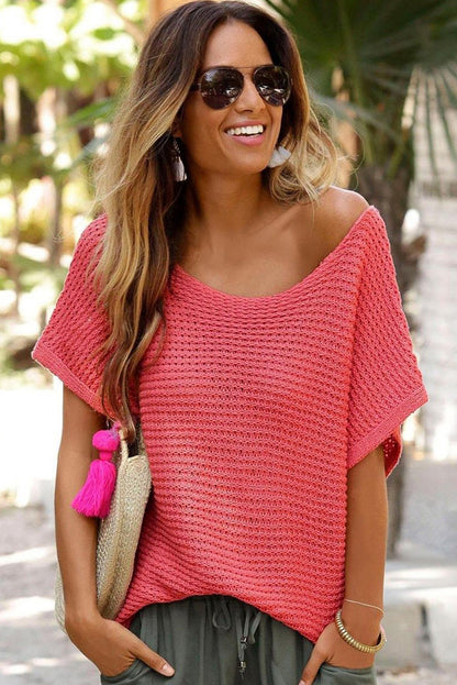 Pink Plain Knit Loose Batwing Sleeve Blouse