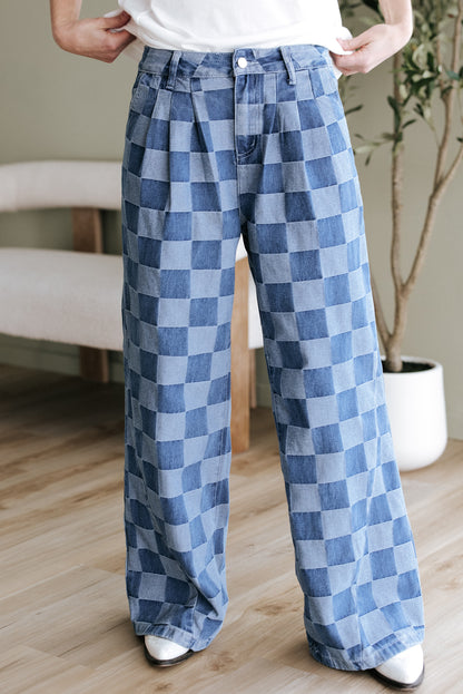 Dusk Blue Checkered Denim Wide Leg Jeans