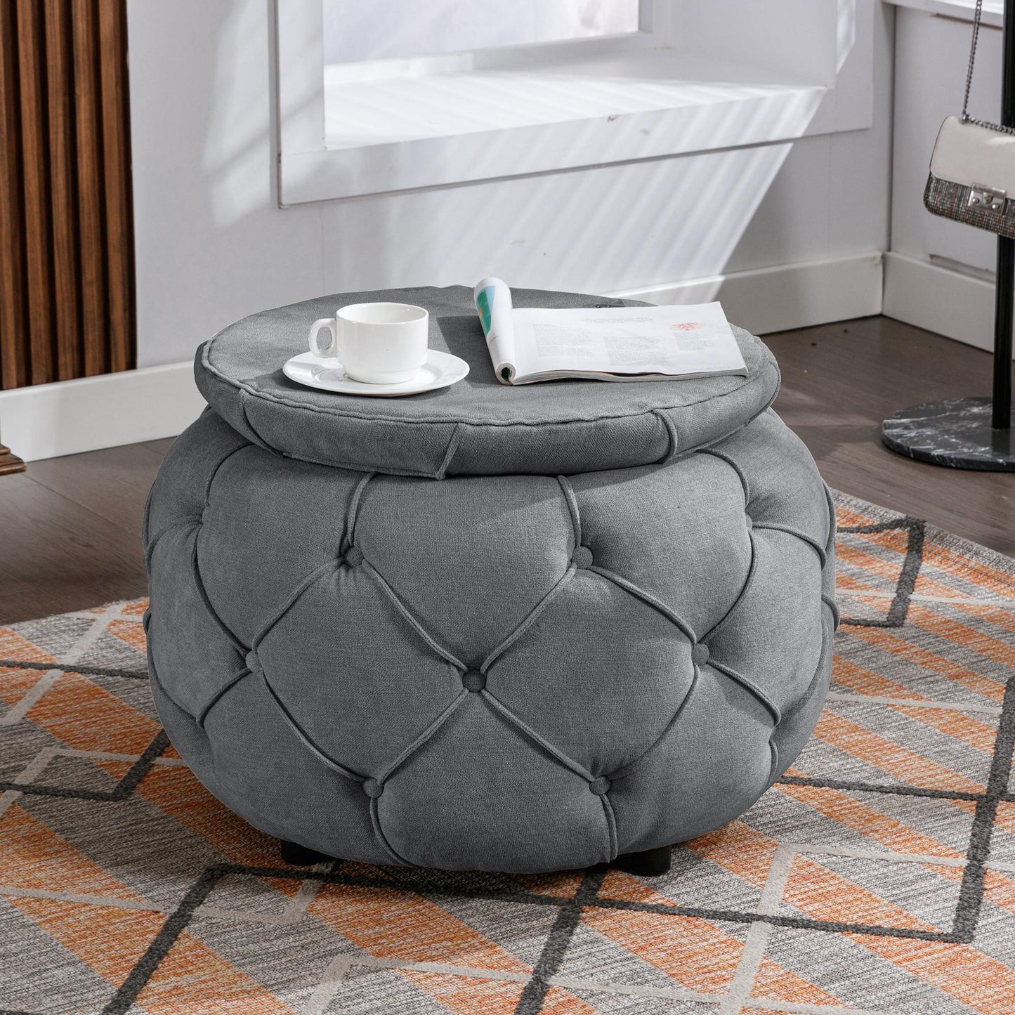 Grey Large Button Tufted Woven Round Storage Footstool