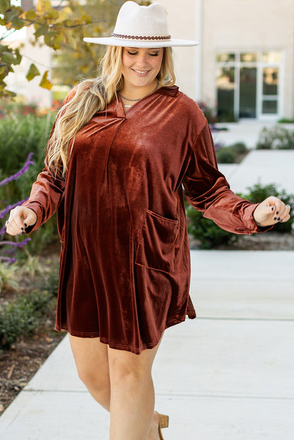 Coffee Plus Size V Neck Collared Pleated Back Rounded Hem Velvet Dress