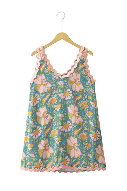 Sky Blue Allover Floral Print Ricrac Sleeveless Boho Mini Dress