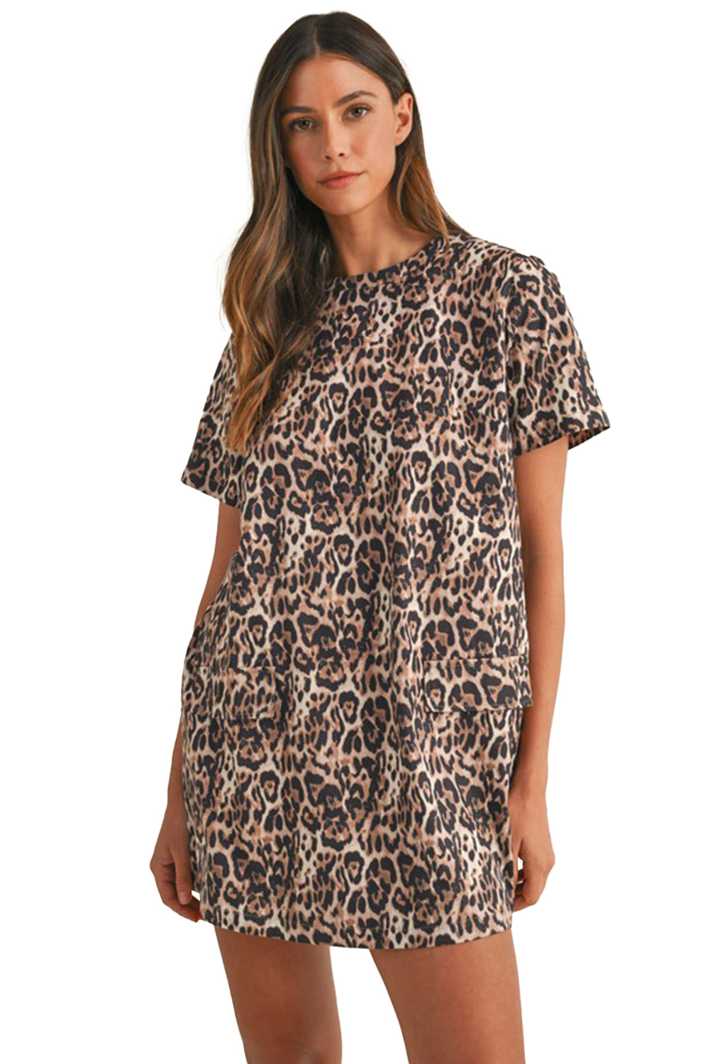 Brown Leopard Print Crew Neck Shift Short T Shirt Dress