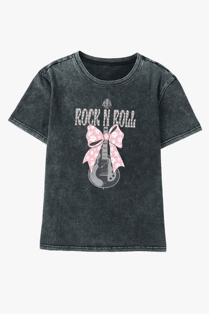 Camiseta negra con gráfico de guitarra Bowknot ROCK N ROLL