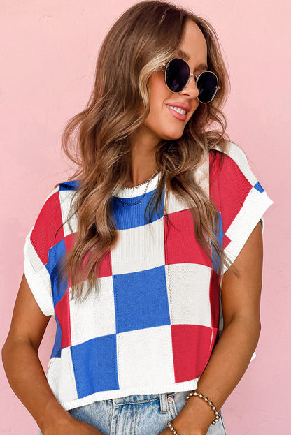 Fiery Red Checkered Color Block Cap Sleeve Knitted Top