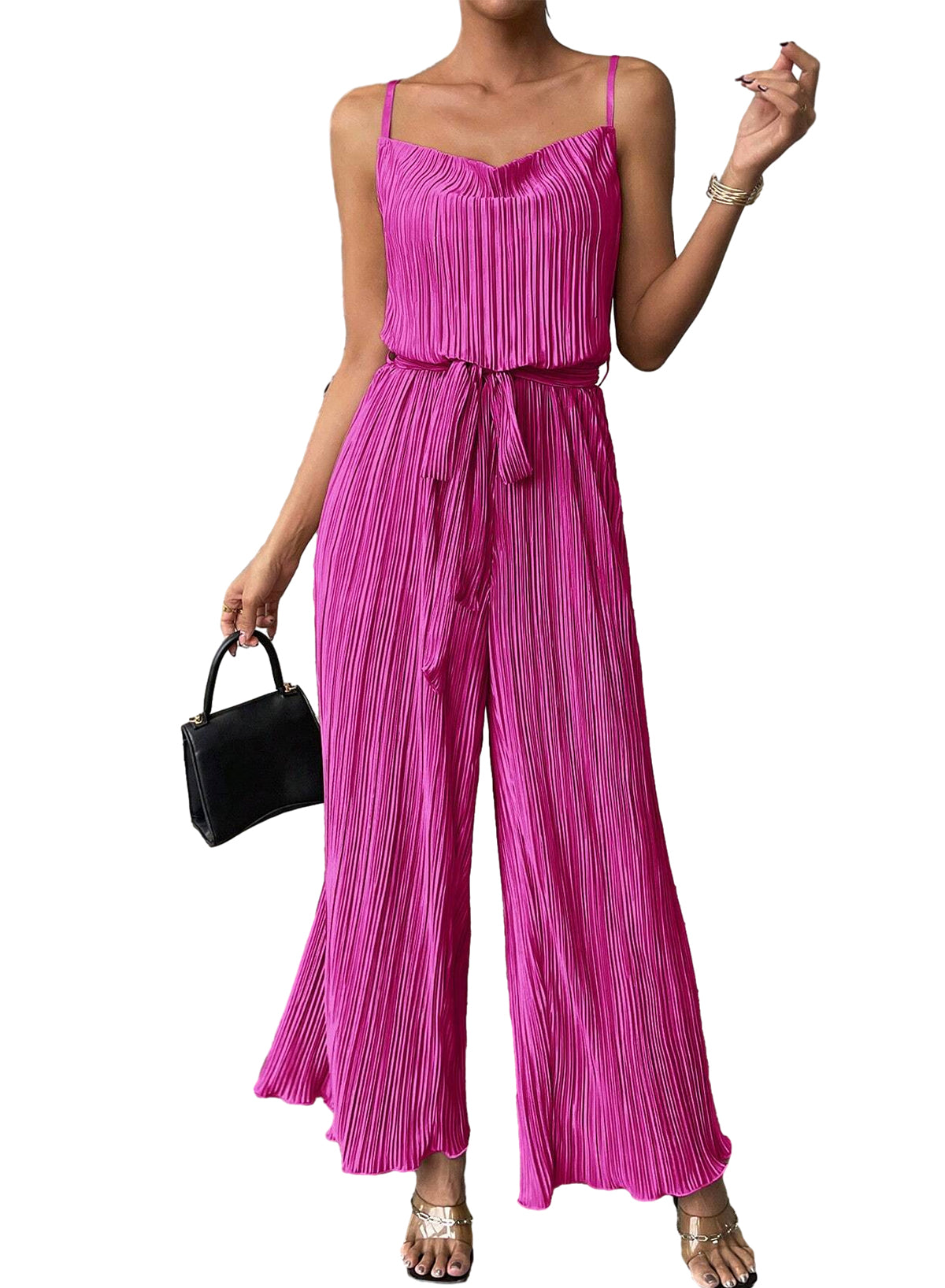 Bright Pink Belted Drape Pleated Wide Leg Jumpsuit