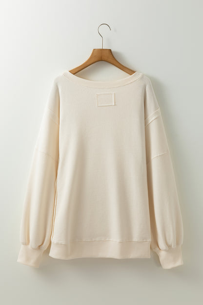 White Solid Color Waffle Knit Drop Shoulder Plus Size Sweatshirt