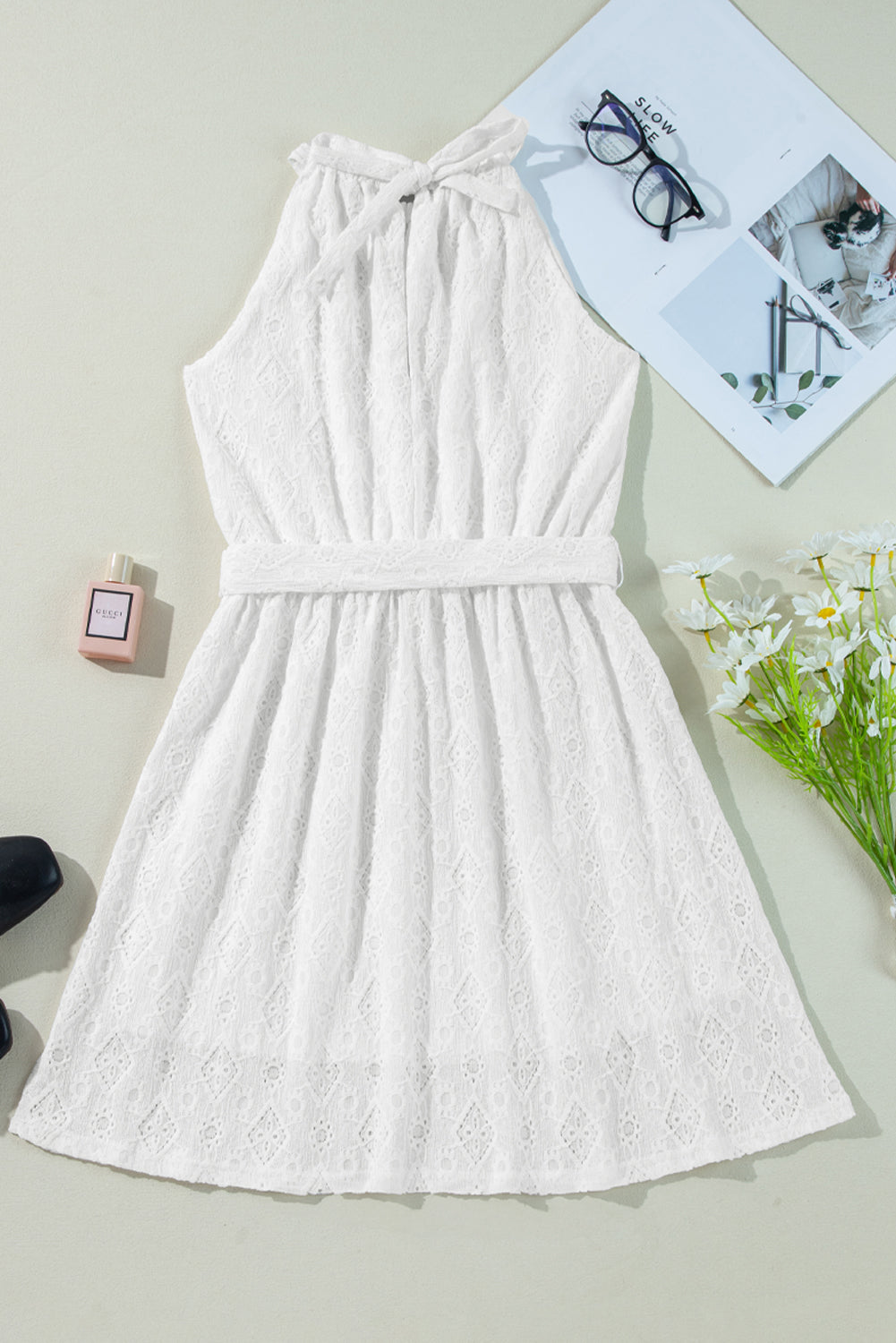 White Lace Sleeveless Knot Hollow Out Back Tied Waist Mini Dress