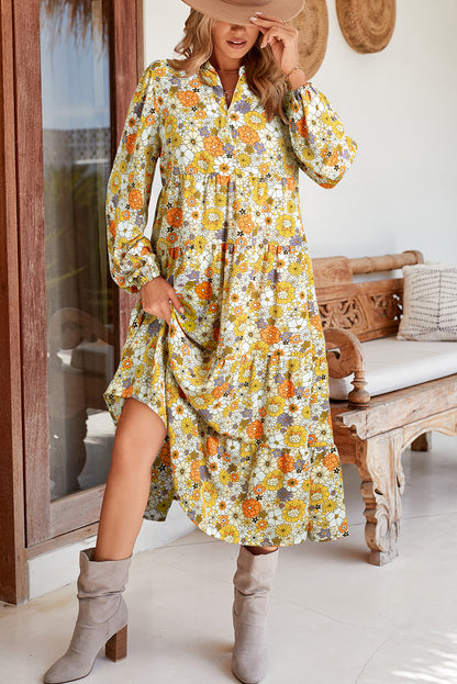 Multicolor Boho Floral Collared Long Sleeve Dress