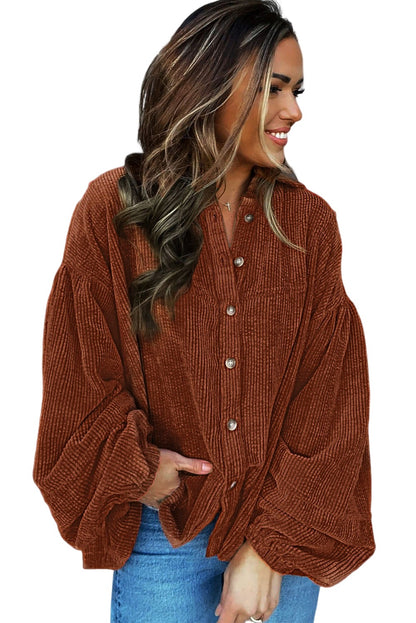 Coffee Corduroy Button Up Lantern Sleeve Jacket