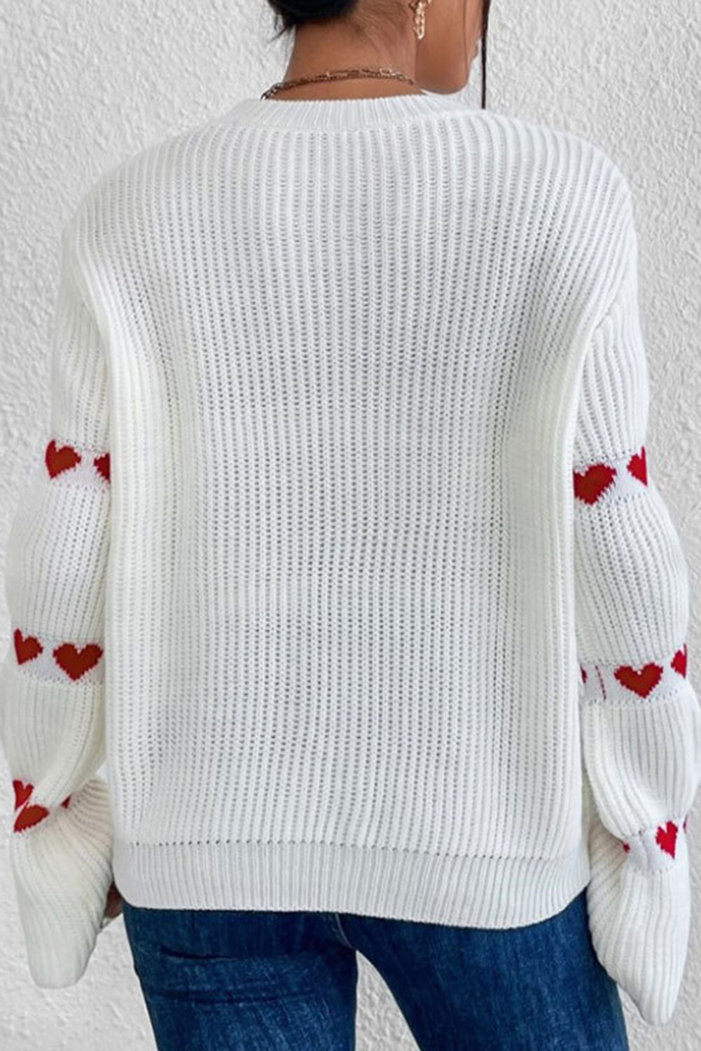 White Heart Pattern Sleeve Pullover Knit Sweater