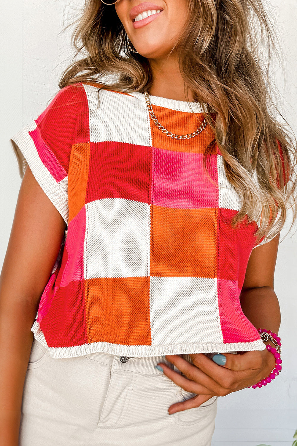 Fiery Red Checkered Color Block Cap Sleeve Knitted Top