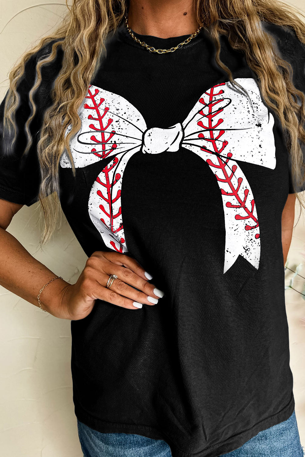 Gray Casual Baseball Bowknot Graphic Roll Up Sleeve Tee - Cowaa