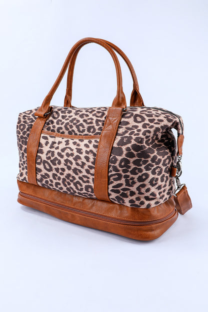 Bolso de lona grande con cremallera y patchwork de cuero PU de leopardo