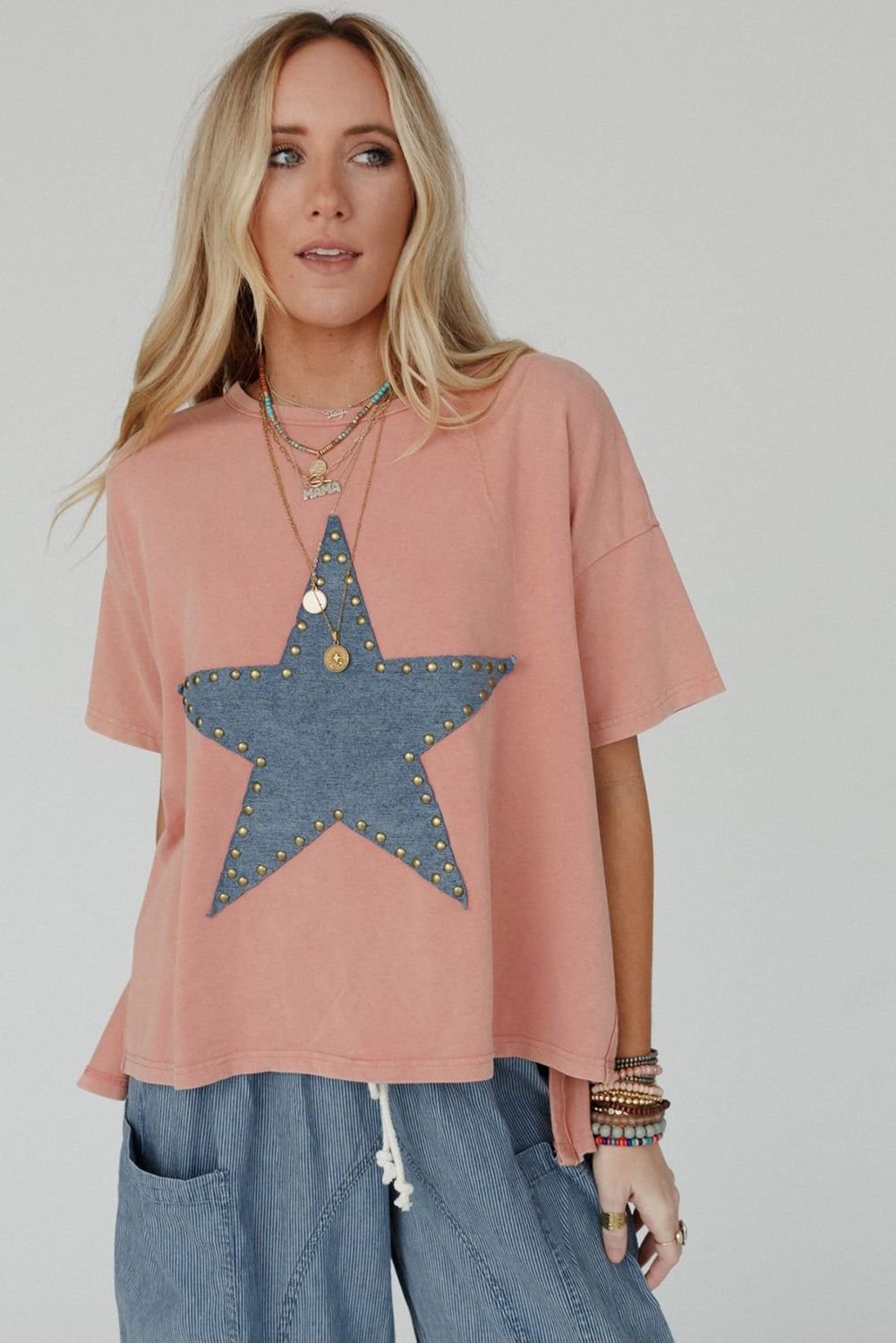 Apricot Pink Studded Star Patch Side Slits High Low Tee