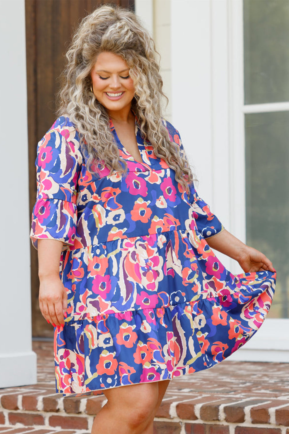 Blue Plus Size Floral Print Bell Sleeve Mini Dress