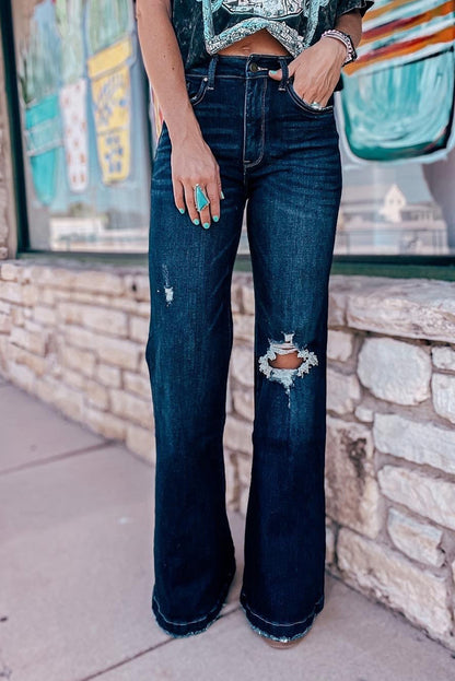 Echte blaugrüne, zerrissene Bell-Bottom-Jeans mit hohem Bund