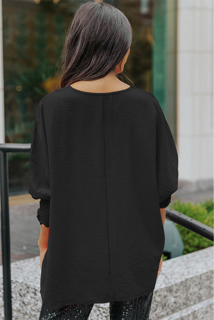 Apricot Solid Casual Smocked Cuffs Batwing Sleeve Blouse