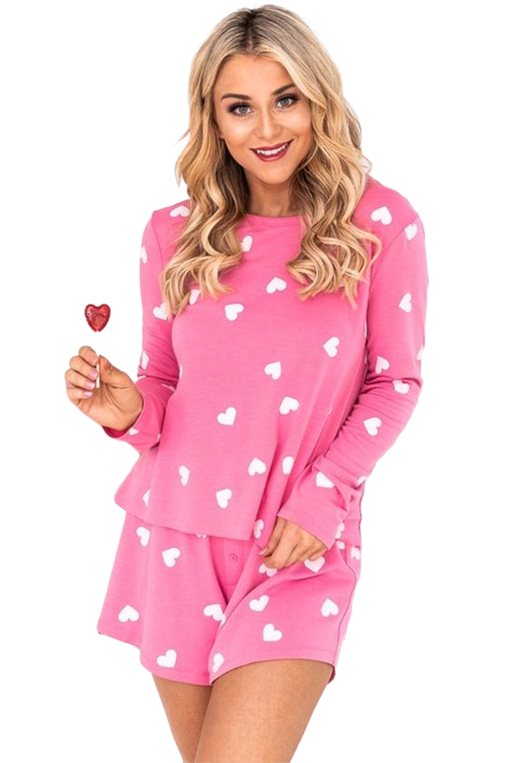 Conjunto de pijama rosa con top de manga larga y pantalones cortos con estampado de corazones de San Valentín