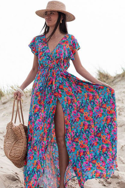 Blue Boho Floral Print V Neck Wrap Split Maxi Dress