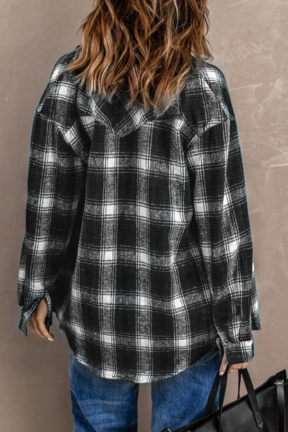 Button Up Collared Flannel Shirt Shacket with Flap Pockets