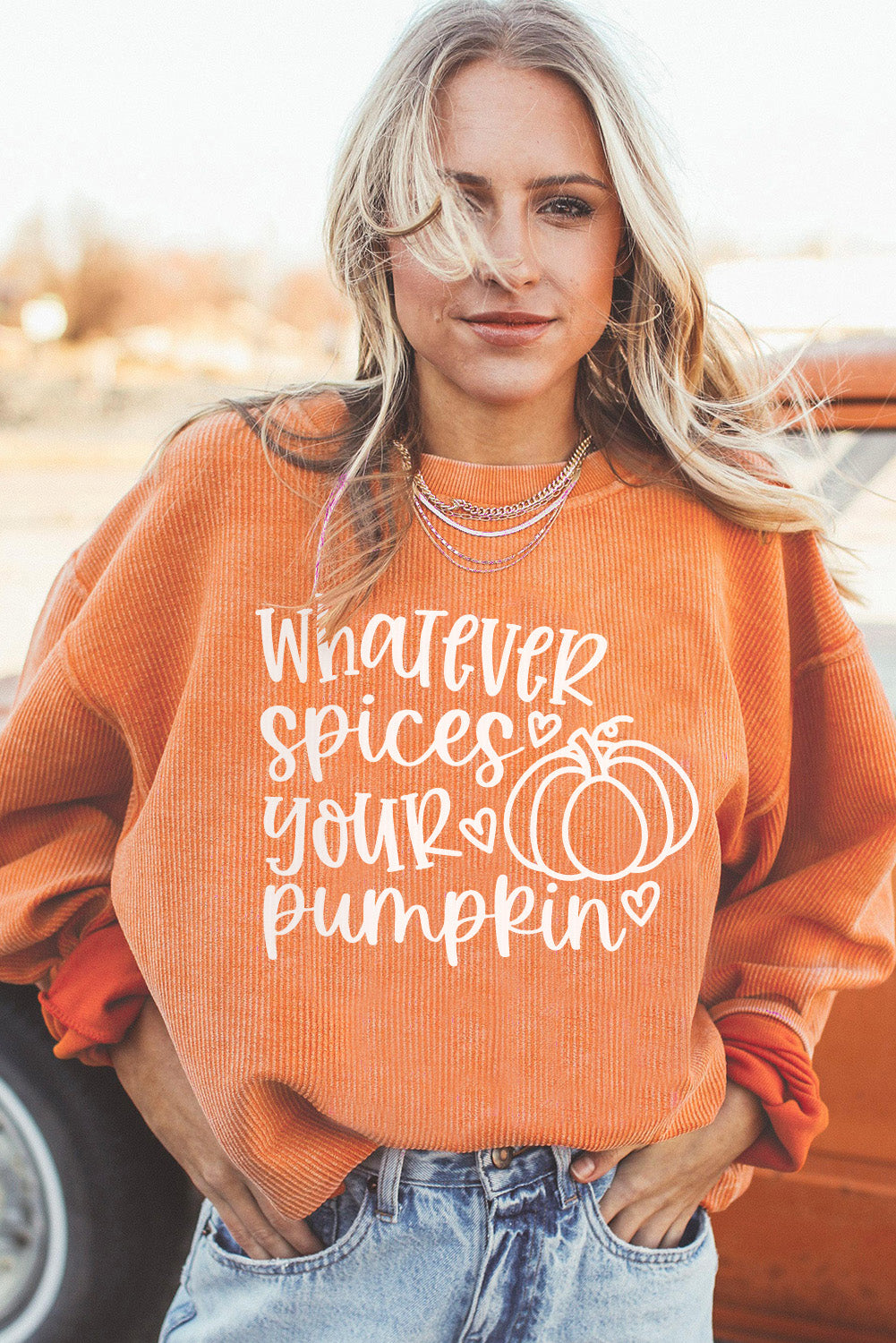 Orange Pumpkin Letter Print Oversized Crinkle Rib Sweatshirt