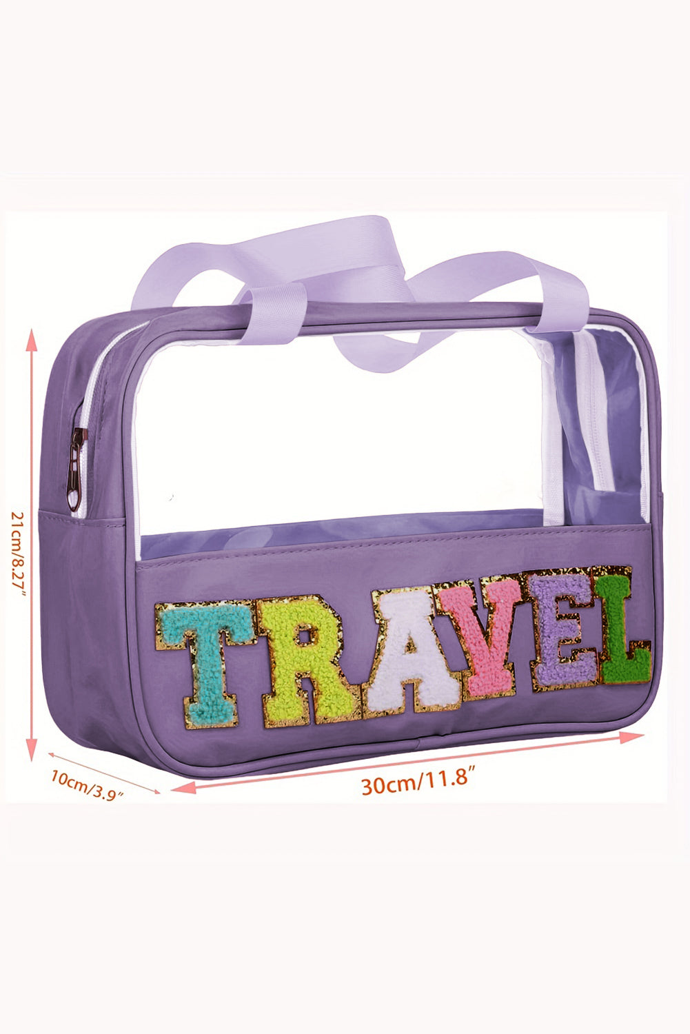 Bolsa de maquillaje de PVC transparente con letras de chenilla de TRAVEL negra