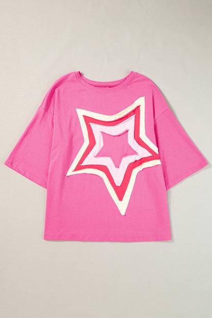 White Colorblock Star Patched Half Sleeve Oversized Tee