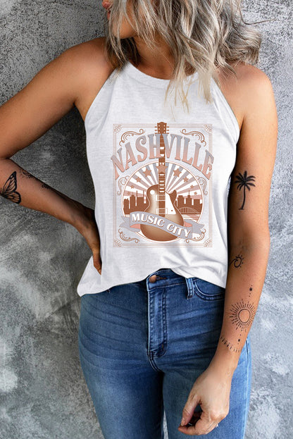 White NASHVILLE MUSIC CITY Guitar Graphic Tank Top