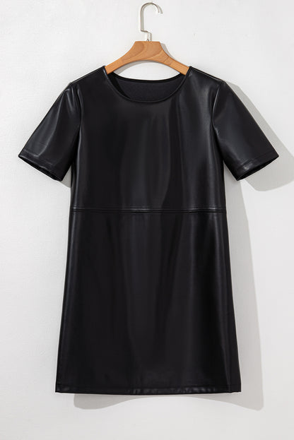 Black Solid Color Faux Leather Short Sleeve Mini Dress