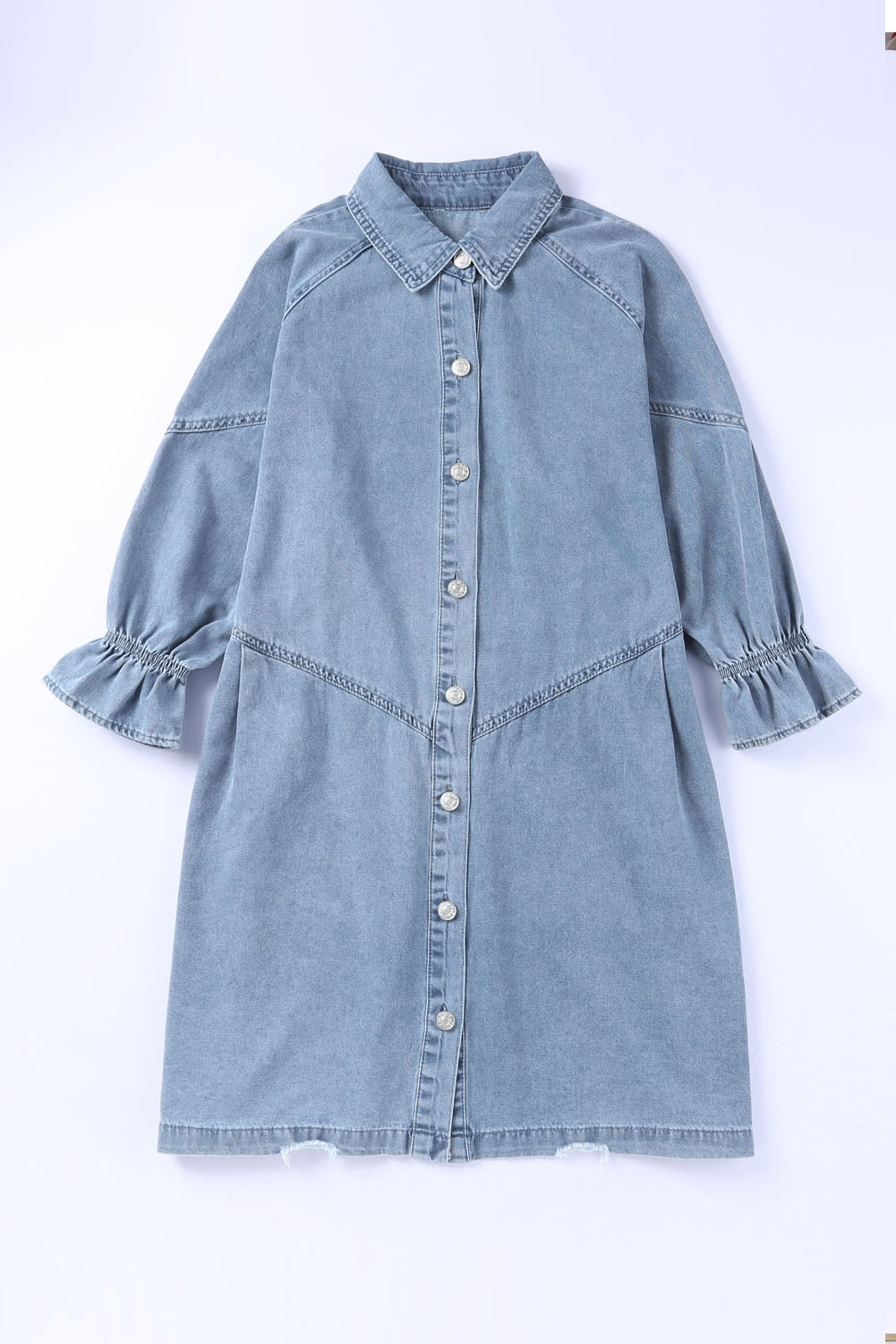 Gray Casual Buttoned Ruffle Cuffs Denim Short Dress