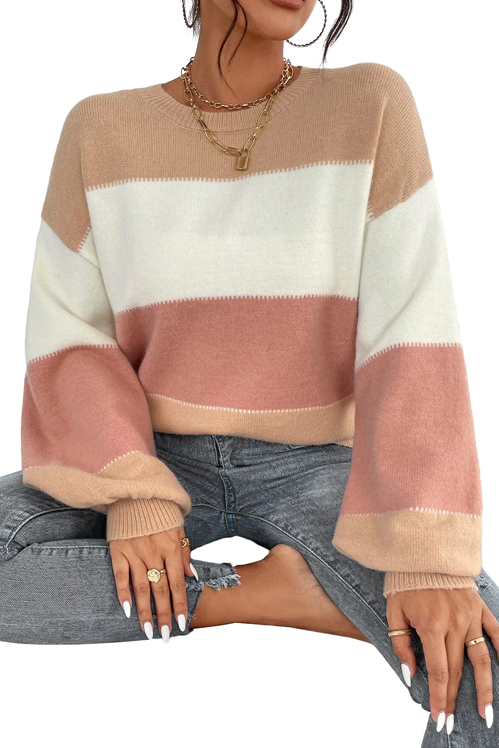 Dusty Pink Color Block Drop Shoulder Sweater