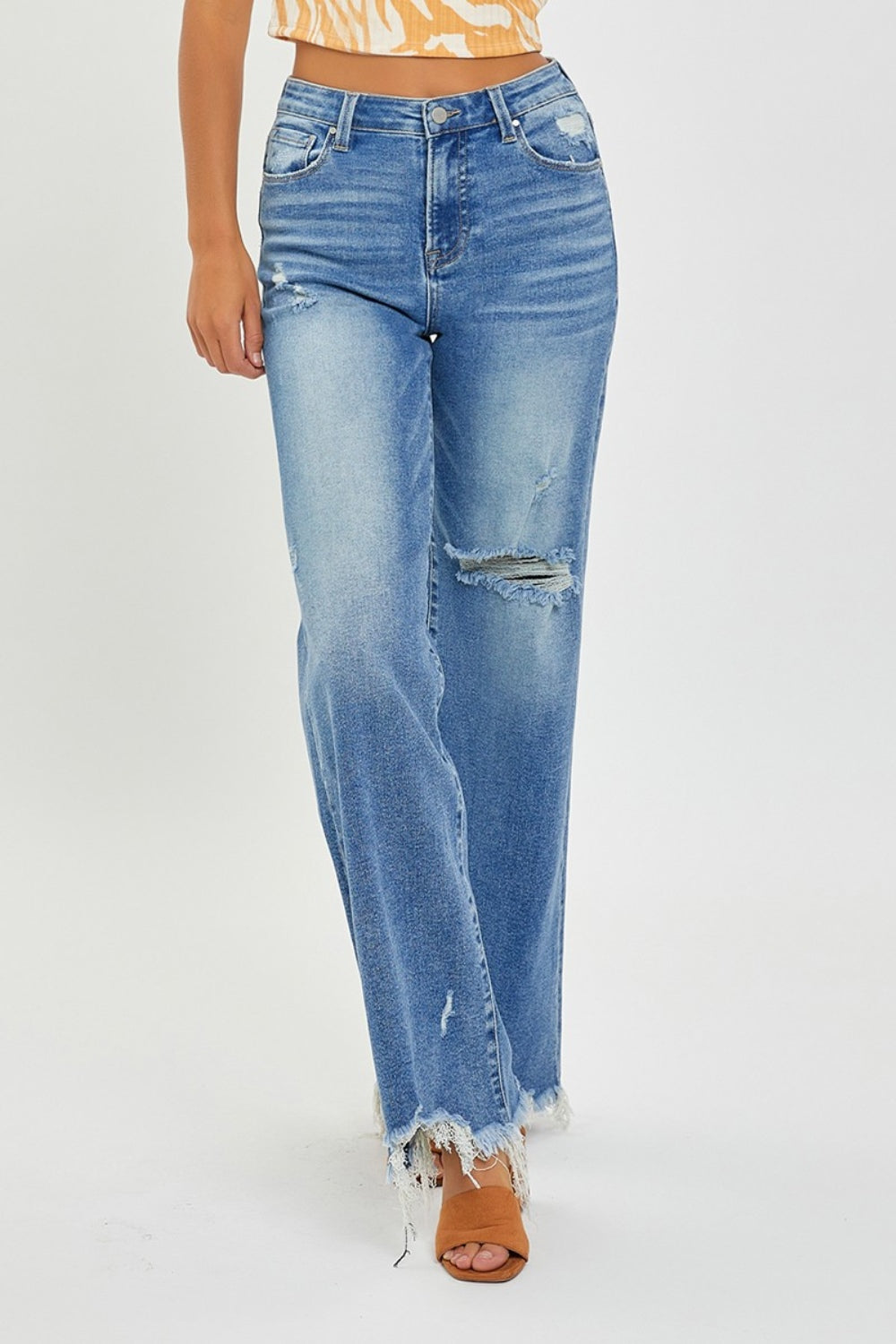 Full Size High Rise Frayed Hem Wide Leg Jeans