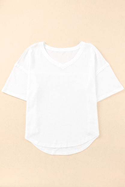 White Waffle Knit Casual Drop Shoulder Loose Top