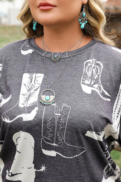 Gray Plus Size Western Boots Print Crew Neck T Shirt