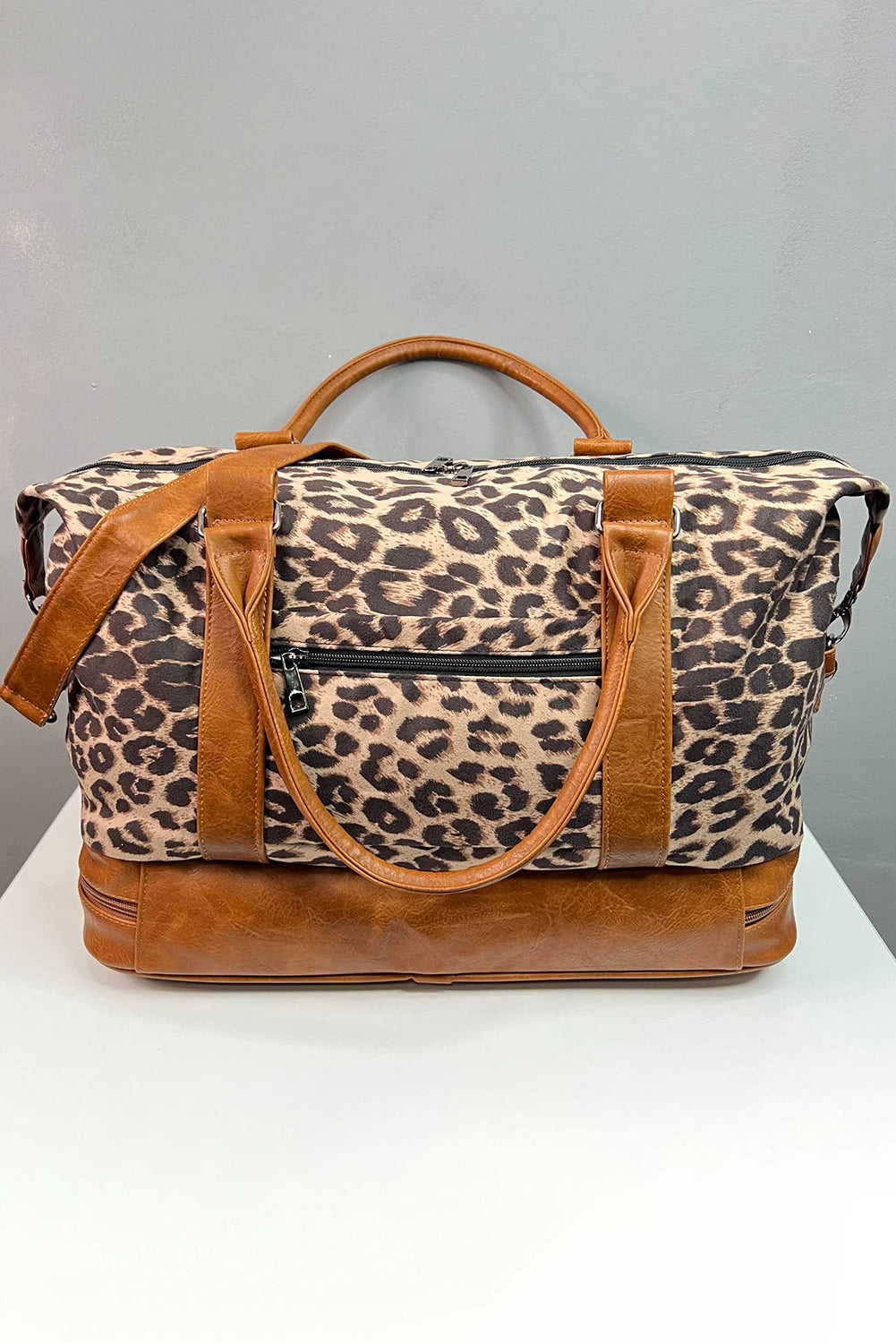 Bolso de lona grande con cremallera y patchwork de cuero PU de leopardo