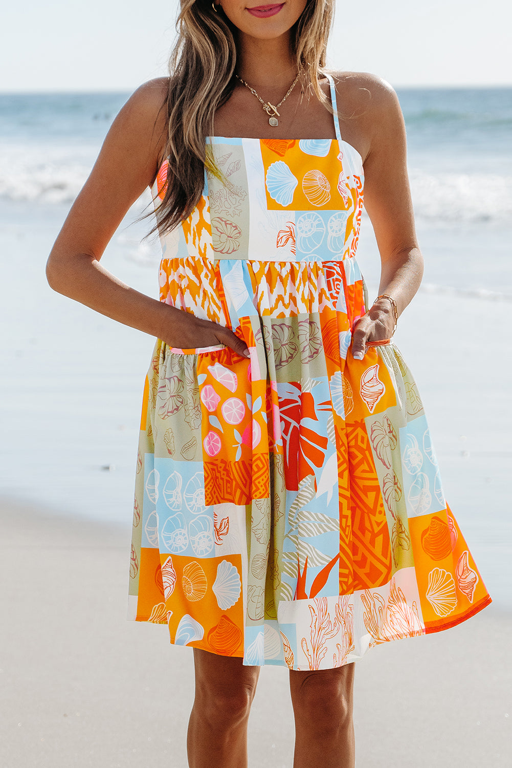 Orange Seashell Patchwork Print Self-tie Flowy Sundress