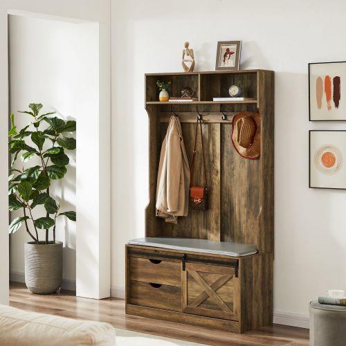 Brown Coat Rack w/ Shoe Cabinet Storage