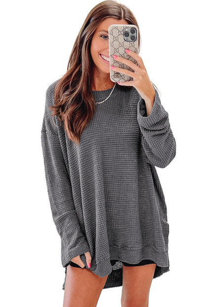 Waffle Knit Drop Sleeve High Slits Oversized Top