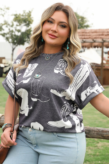 Gray Plus Size Western Boots Print Crew Neck T Shirt
