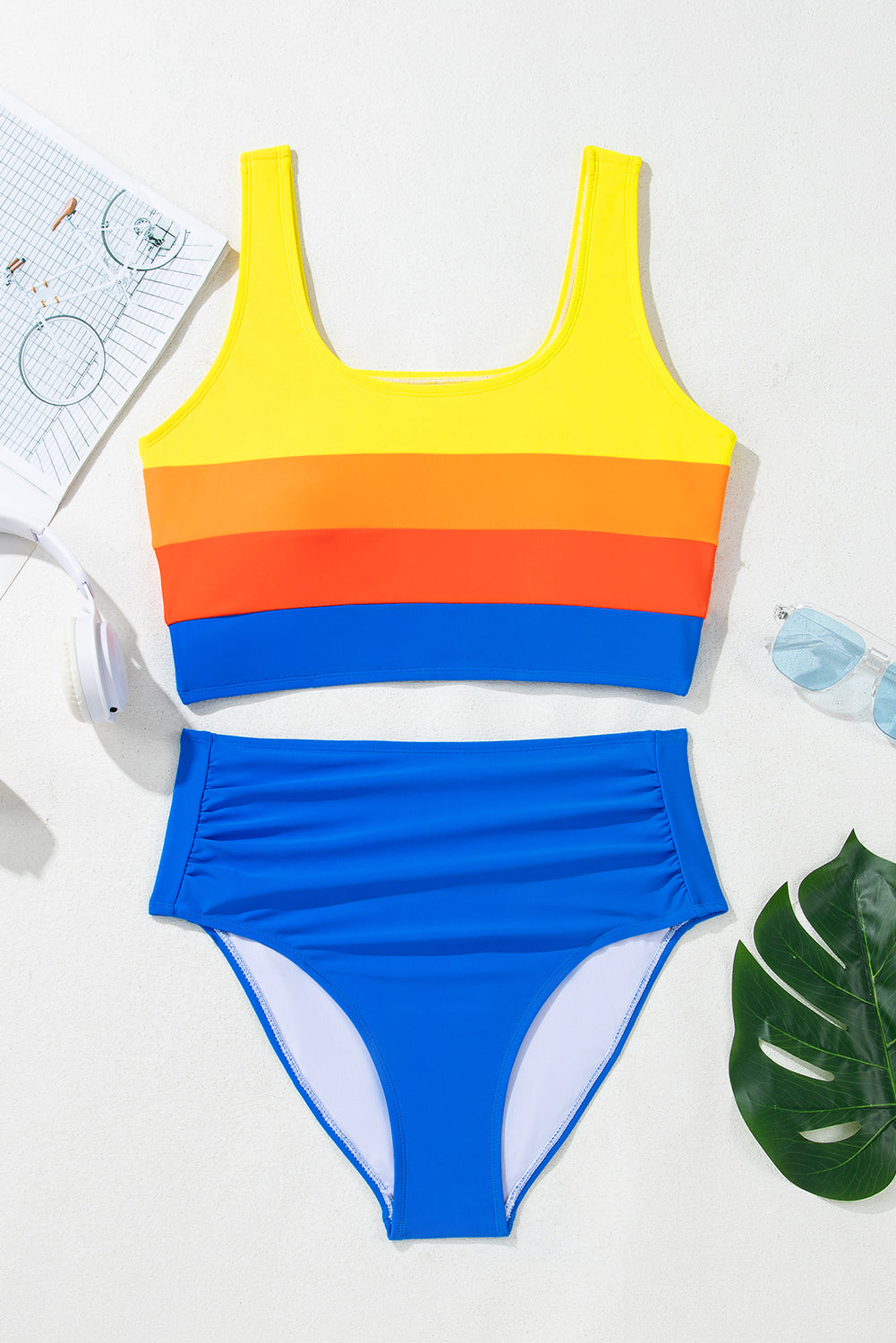 Blue Colorblock Square Neck Top Pleated High Waisted Bikini