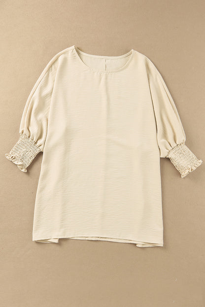 Apricot Solid Casual Smocked Cuffs Batwing Sleeve Blouse